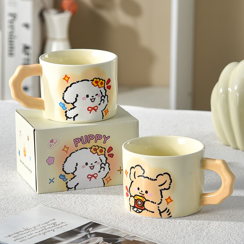 线条拍照小狗马克杯高颜值耐高温早餐杯可微波炉情侣杯陶瓷杯卡通