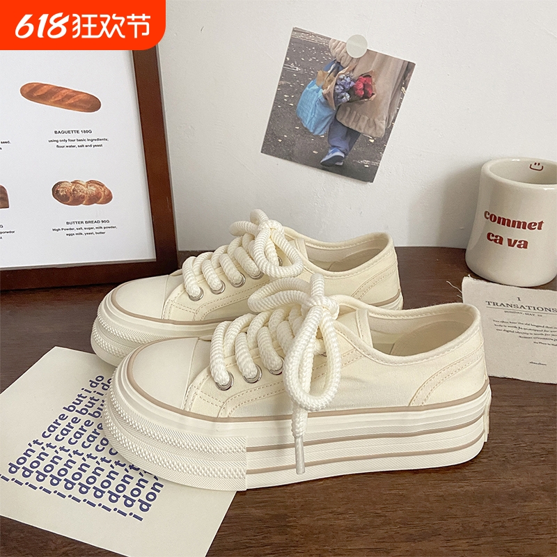 厚底帆布鞋女薄款春夏新款ins潮小众大头松糕学生小白鞋圆头低帮