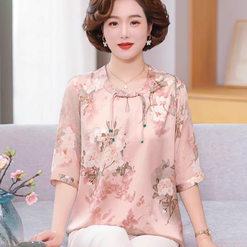 洋气妈妈夏装短袖雪纺衫时尚上衣服2025新款中式套装中老年t恤女