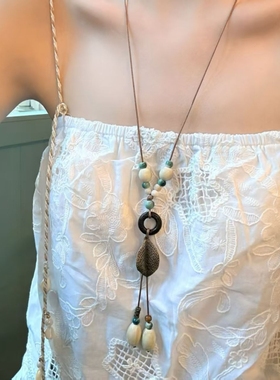 梧桐琥珀 新中式长款禅意风树叶吊坠项链波西米亚民族风挂脖配饰
