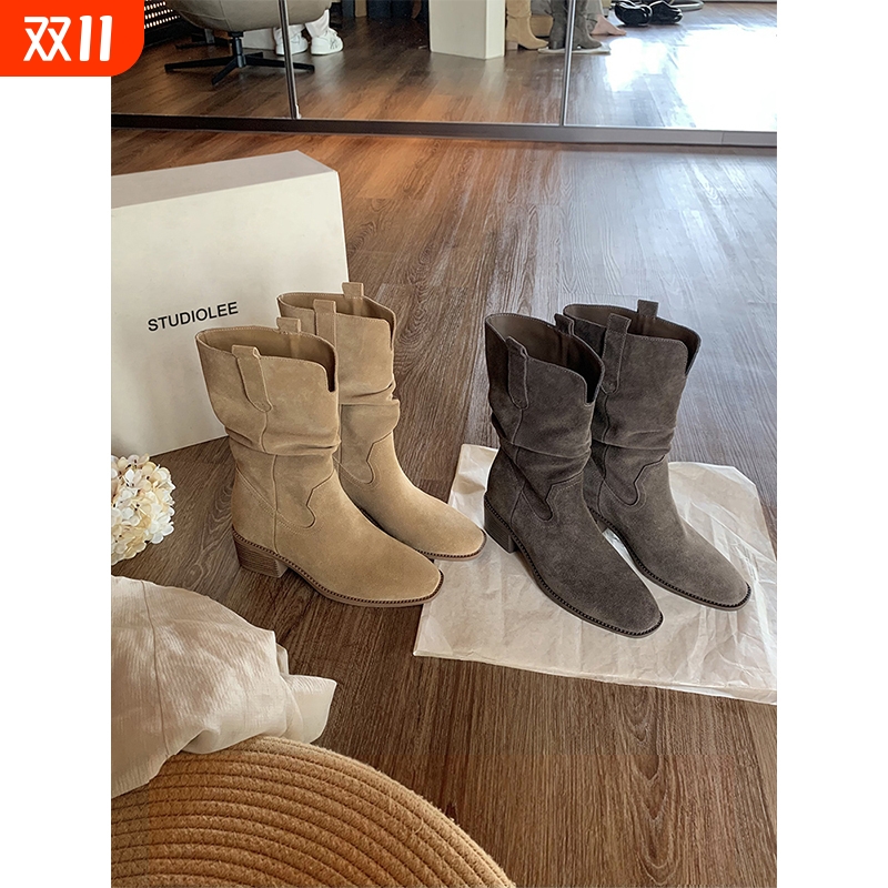 葡萄妈studiolee 增高8cm~圆头V口粗跟厚底显瘦大筒围堆堆短靴女