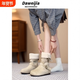 5CM内增高勃肯短靴雪地靴女冬季加绒加厚保暖棉鞋子白色毛绒磨砂