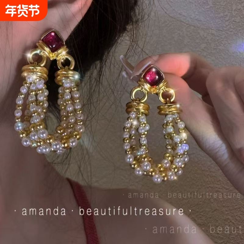 中古夸张复古宫廷珍珠流苏大耳环港风法式高级感欧美小众耳钉蝴蝶