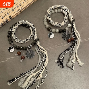 编织情侣款太极山鬼花钱手绳男手链女手作小众设计双生手串新中式