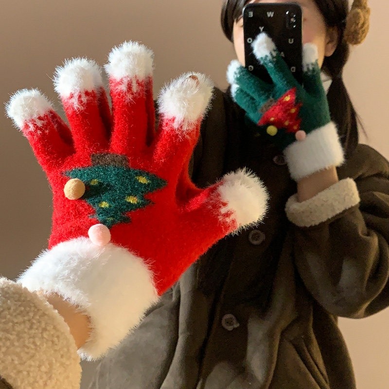 可爱圣诞树针织手套女分指毛绒氛围感冬季可触屏加绒加厚保暖骑行