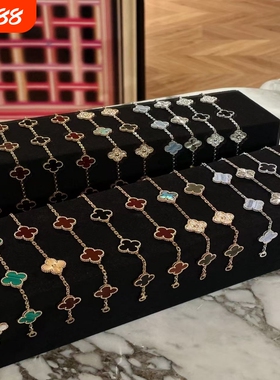 高端版四叶草五花手链18K金黄红玉髓白贝母玛瑙镭射玫瑰金手链女