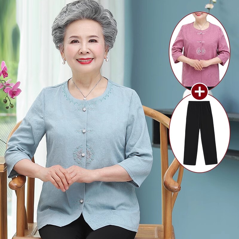 中老年人套装女奶奶夏装纯棉麻七分袖薄款妈妈老人衣服老太太衬衫