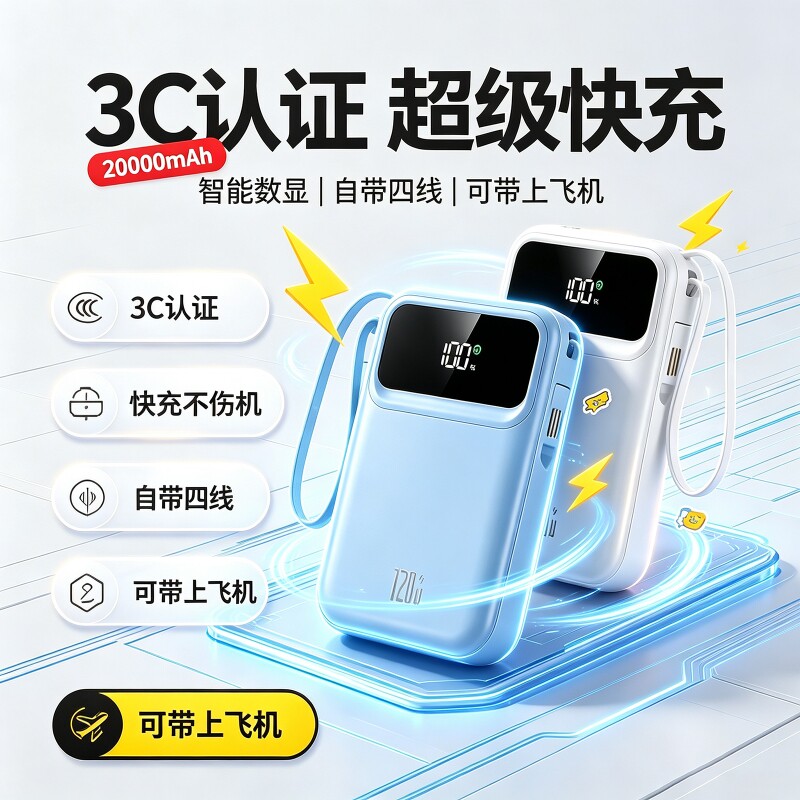 充电宝20000毫安3C认证可上飞机超级快充大容量新款超薄小巧便携自带线费尔班正品适用手机通用移动电源闪充