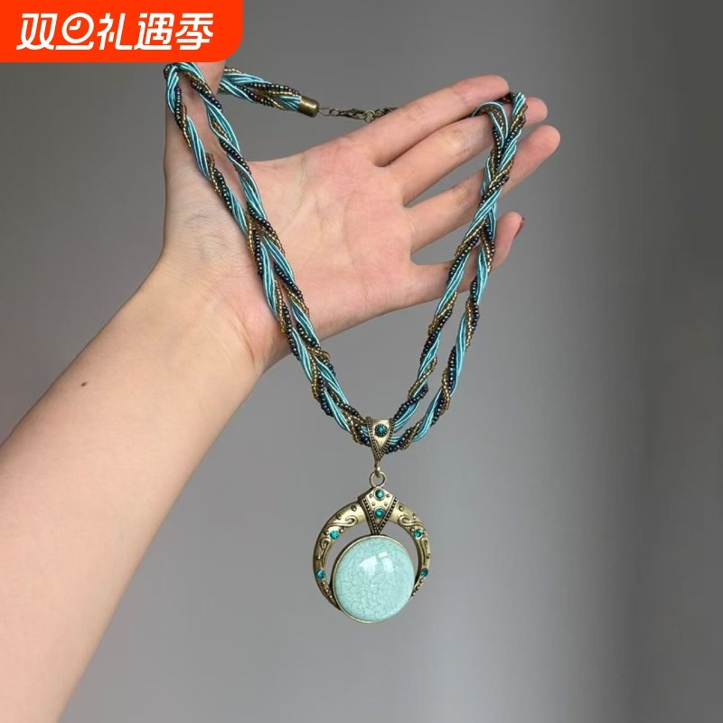 【寻光】波西米亚中古蓝色麻花米珠项链女小众民族风古铜镜锁骨链