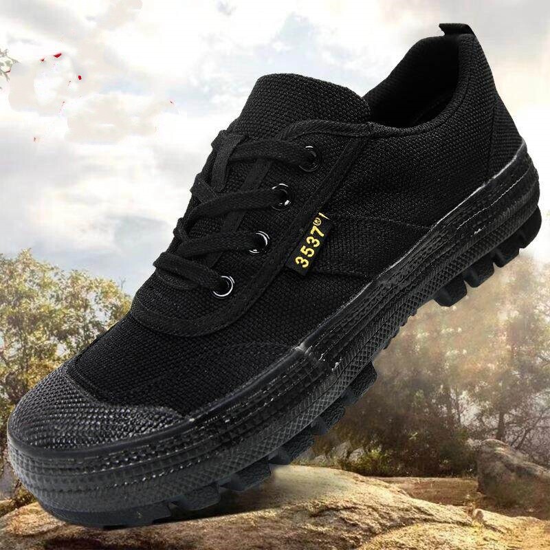 际华3537解放鞋男训练鞋耐磨工地劳动胶鞋黑色帆布徒步鞋迷彩防滑