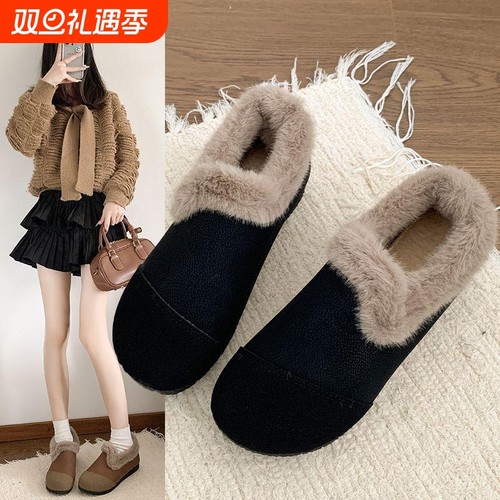 真皮豆豆鞋女2024冬季时尚懒人一脚蹬加绒加厚保暖勃肯棉鞋鞋平底