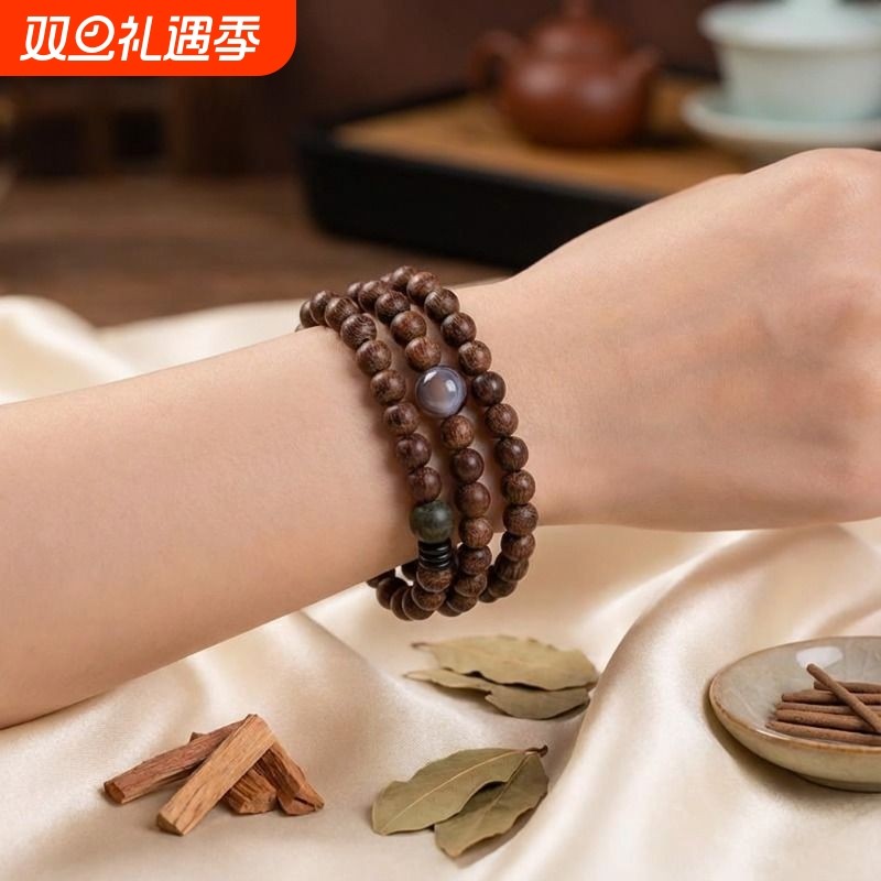 国潮爆款天然金丝檀木三圈手链女款轻奢木纹佛珠手串多圈檀香珠子