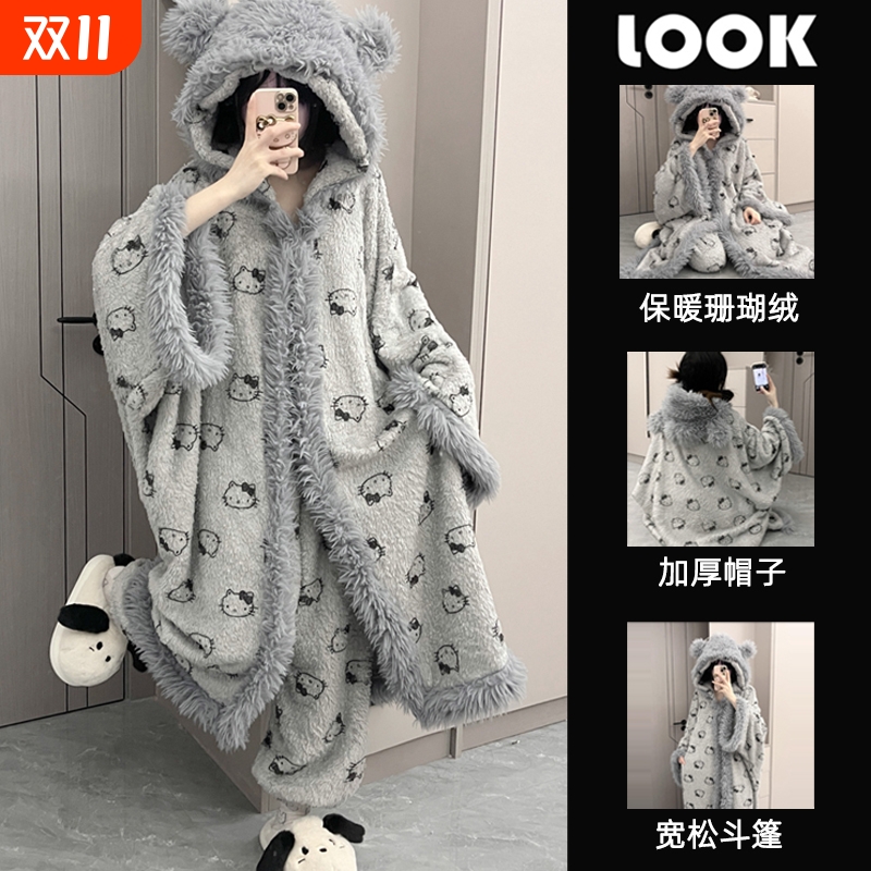 网红款猫咪斗篷睡衣珊瑚绒女秋冬
