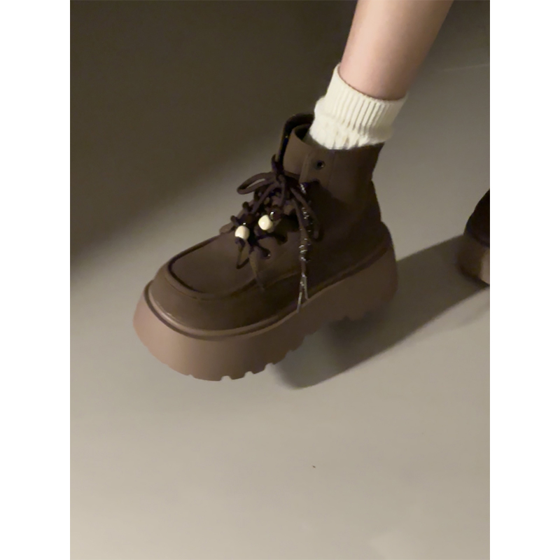 美拉德增高显瘦百搭系带马丁靴女2025秋季新款圆头厚底短筒靴高跟