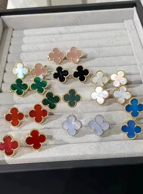 高级感四叶草耳扣纯银镀18k黑玛瑙红玉髓耳环耳钉耳拍紫玉髓黄金
