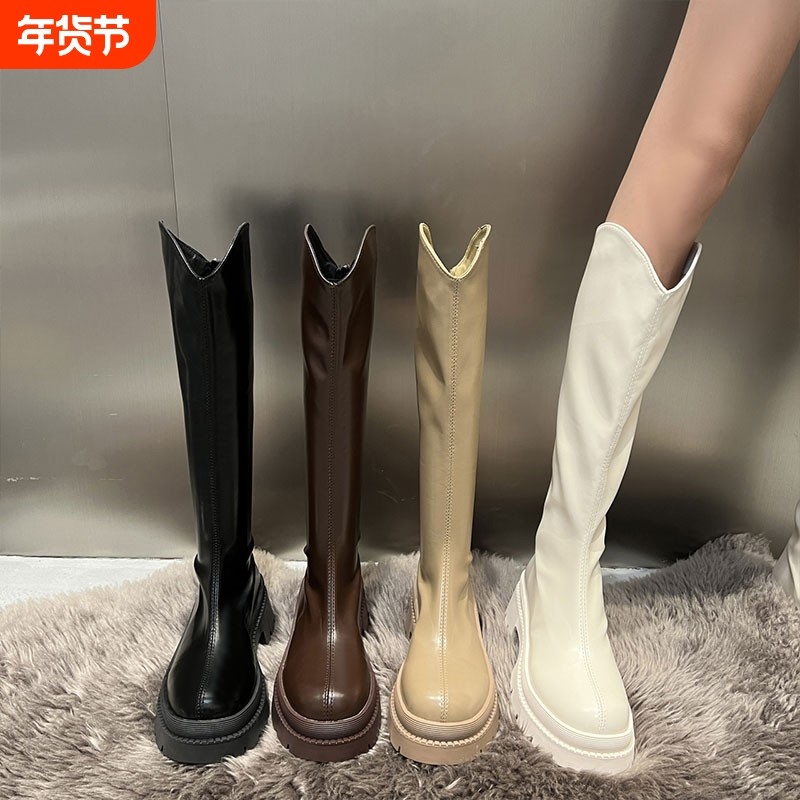 小个子长筒靴女2025年新款秋冬骑士靴V口加绒胖mm粗腿显瘦长靴子,女鞋,骑士靴,淘宝优惠券,粉丝福利购,淘宝优惠卷