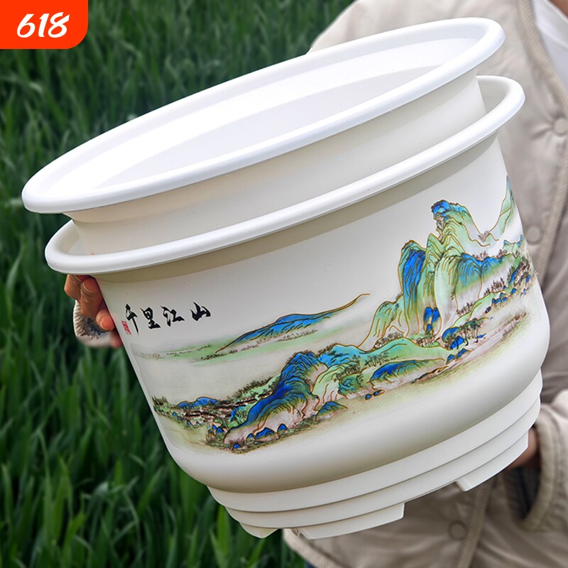 仿陶瓷国风花盆家用塑料加厚耐用大口径透气室内阳台花卉盆栽轻奢