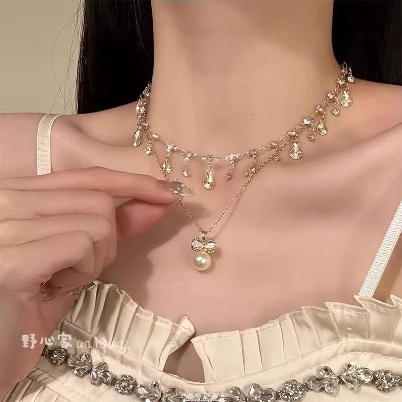 【优雅沉沦】法式甜美珍珠吊坠项链水晶流苏叠戴锁骨链