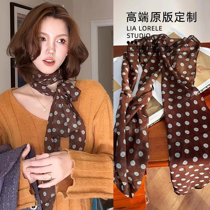 法式棕色波点长条小丝巾女2025年新款配饰颈饰发带飘带百搭圆点