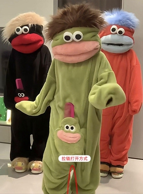 大嘴怪珊瑚绒丑鱼连体睡衣女款冬季男加绒加厚可爱搞怪睡袍家居服
