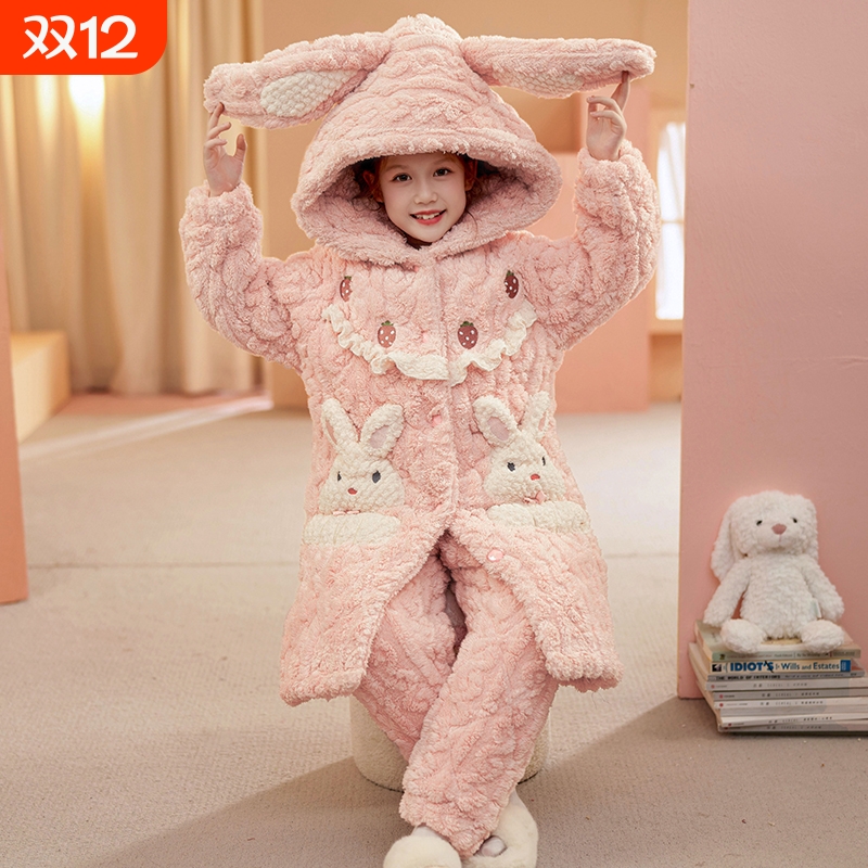 女童睡衣冬季法兰绒加厚睡衣套装