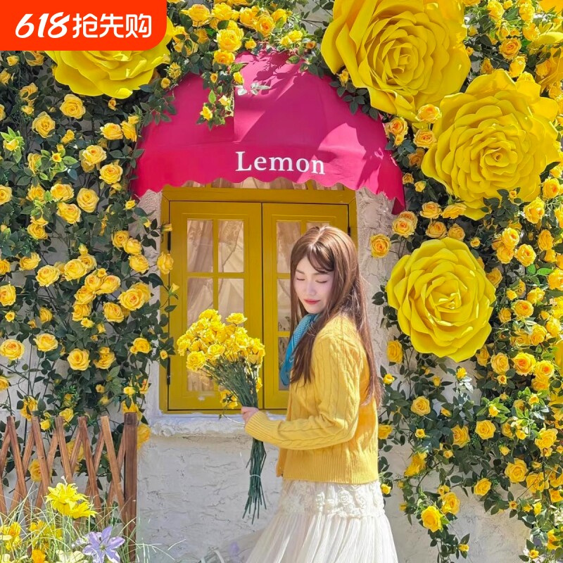 黄玫瑰花墙仿真花藤管道餐厅高端造景装饰花艺墙面摆放落地花卉
