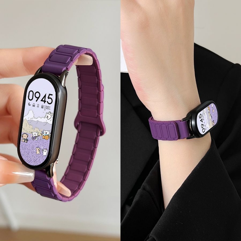 适用小米手环3/4/5/6/7/8/9/10/NFC表带新款反扣磁吸硅胶腕带十九八七六代NFC通用高级运动透气智能腕带9夏天