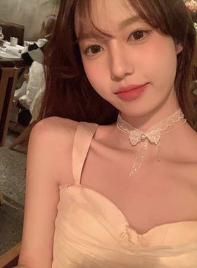 纯欲风春夏温柔蕾丝白色蝴蝶结choker双层项圈项链颈链高级锁骨链