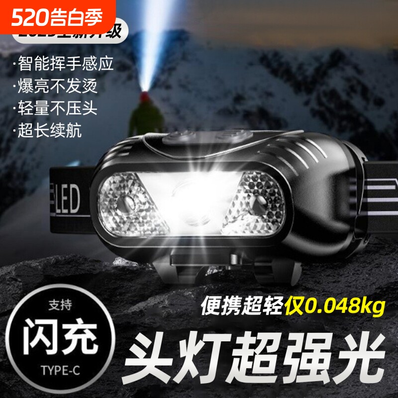 公牛适用强光头灯头戴式充电2026新款户外登山感应夜钓钓鱼专用