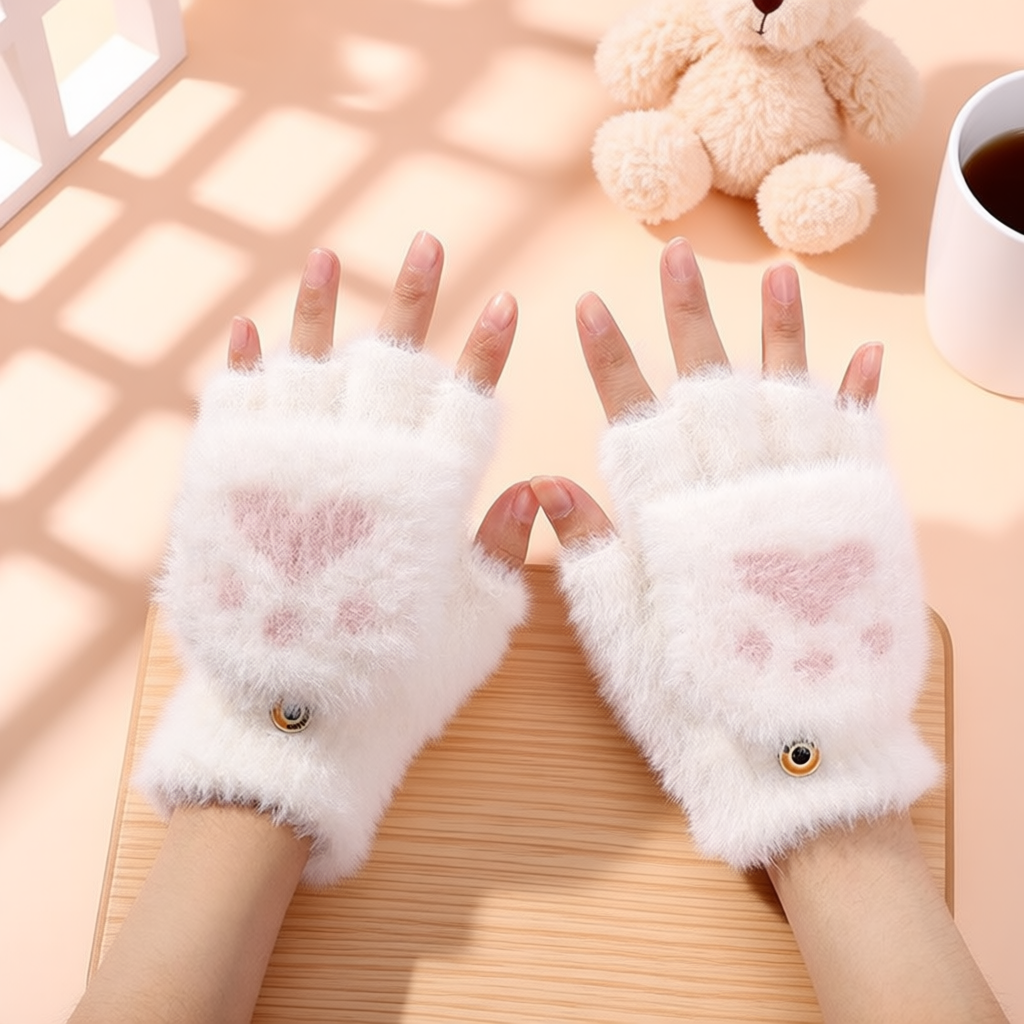 毛绒手套女生冬季可爱猫爪户外骑行保暖半指翻盖加绒加厚学生写字