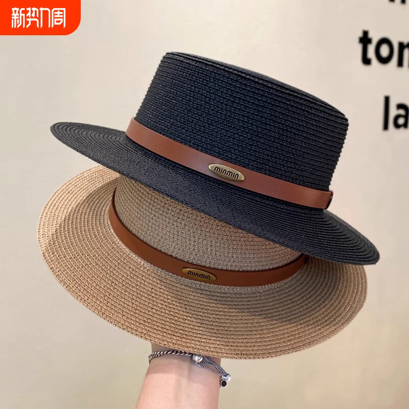 法式平顶白色草帽女复古英伦显脸小夏季礼帽海边防晒沙滩遮阳帽子