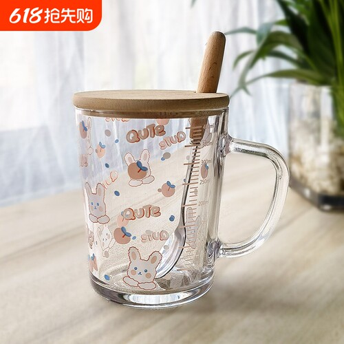 ins卡通玻璃杯杯子吸管杯勺刻度牛奶杯早餐杯情侣用微波炉便携