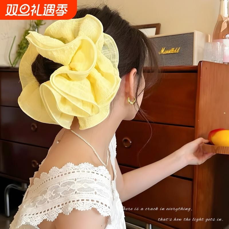 韩系花边大肠发圈女高级感超大黄色头绳2025新款头花气质皮筋头饰