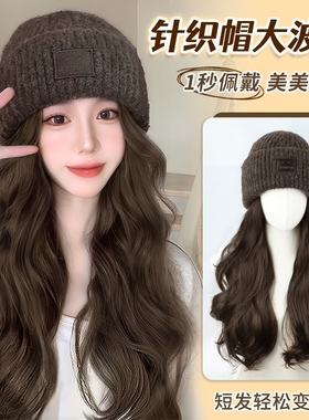 帽子假发女一体时尚秋冬针织帽大波浪卷发仿真发全真人发假发帽子