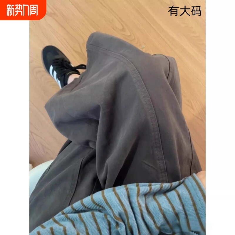 日系九分阔腿气球裤子宽松胖mm遮胯粗慵懒风显瘦休闲裤深灰色日式
