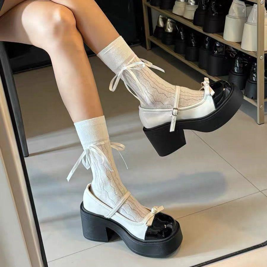 高跟玛丽珍鞋女2025夏季新款复古圆头蝴蝶结珍珠厚底粗跟jk小皮