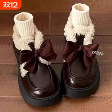 英伦风厚底小皮鞋女2025新款加绒保暖玛丽珍鞋毛绒蝴蝶结圆头黑色