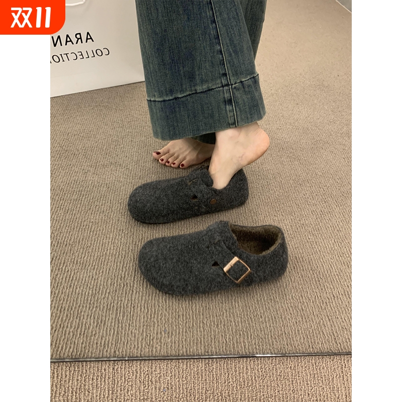 复古圆头毛毡加绒勃肯鞋女加绒秋冬季一脚蹬保暖棉瓢鞋毛呢乐福鞋