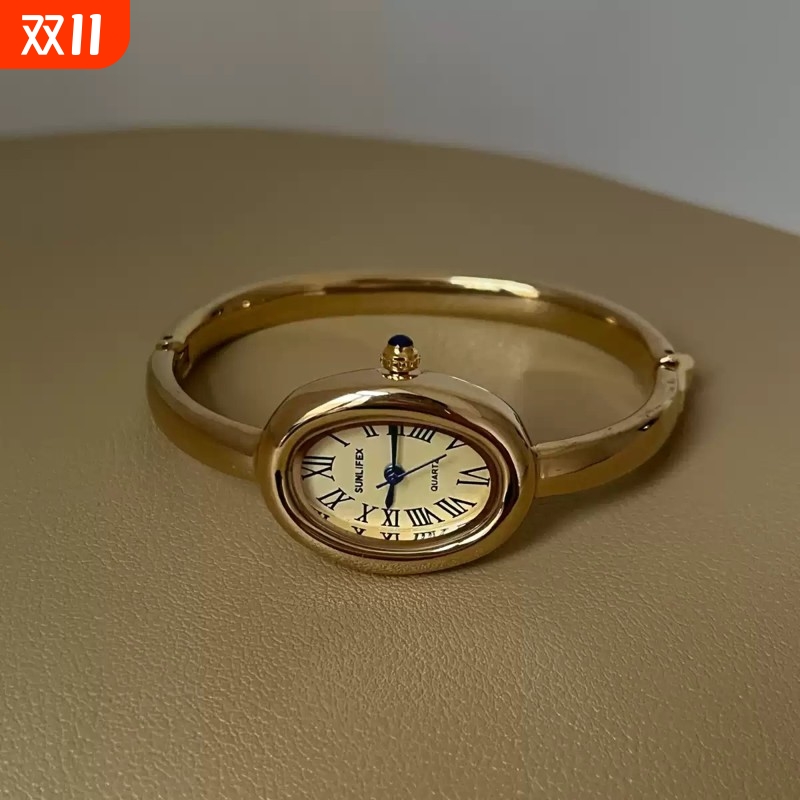 sunlifex椭圆迷你浴缸金色手镯式手表女小众复古轻奢高级感石英表