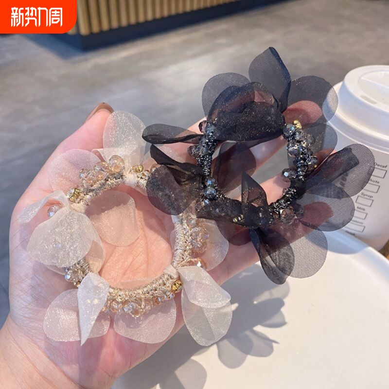 优雅气质花瓣发圈欧根纱水晶精致高马尾丸子头扎头绳女发绳蝴蝶结