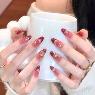 酒红复古法式金箔钻手工新年穿戴甲红色立体花朵美甲贴高级感显白