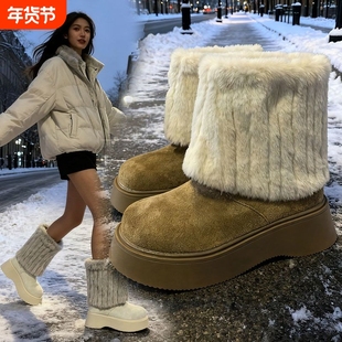 爆款雪地靴女冬季新款保暖毛毛棉鞋女加绒加厚厚底增厚短靴中筒