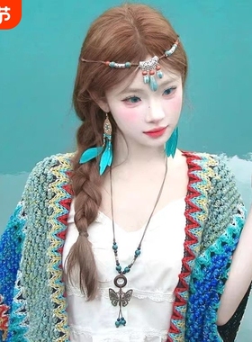 蓝色蝴蝶串珠长款项链适合云南旅游度假拍照的毛衣链长款春夏配饰