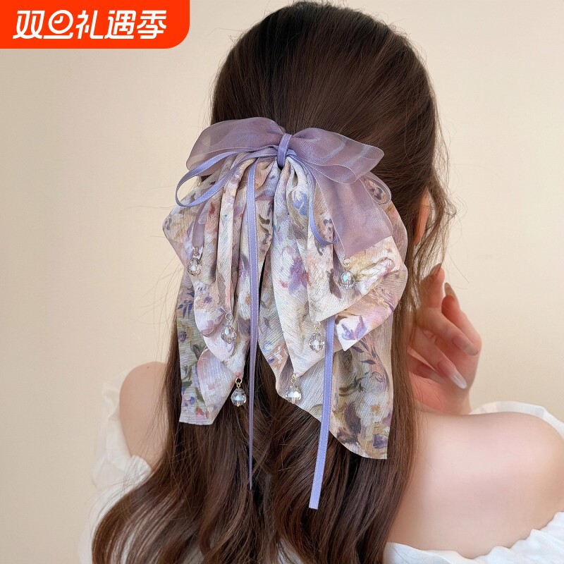 飘逸多层百搭蝴蝶结马尾夹紫色超仙雪纺抓夹盘发器碎花时尚鲨鱼夹
