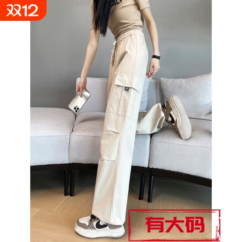 工装裤女春秋2025年美式运动裤直筒阔腿裤子加长加绒黑色小个子