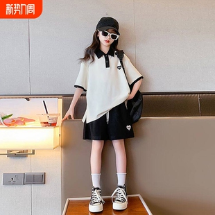 女童套装夏季2026新款polo领刺绣短袖运动服中大童韩范休闲两件套