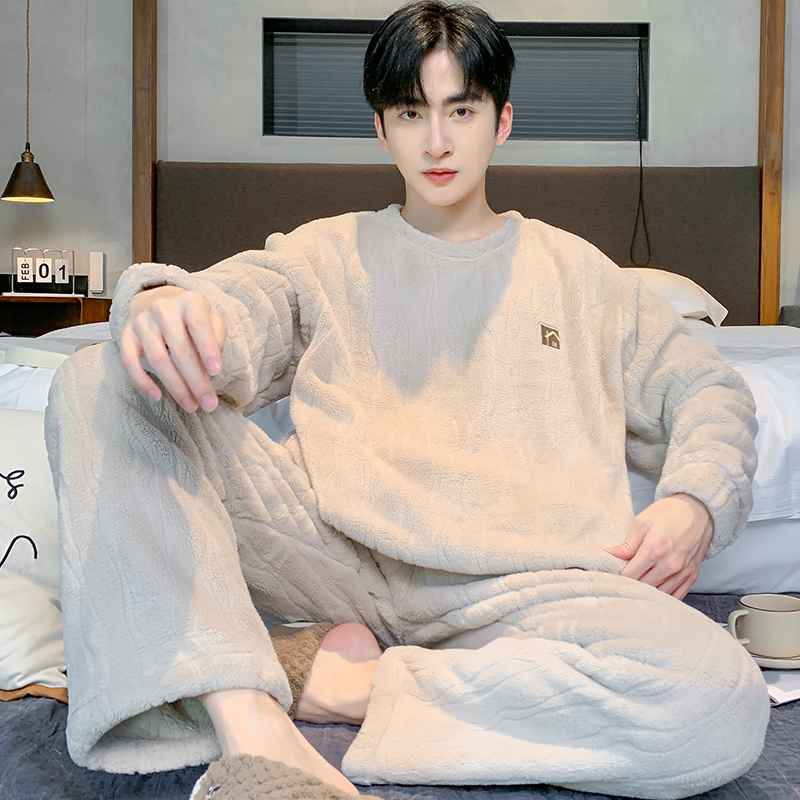 珊瑚绒男士睡衣男款冬季加厚加绒法兰绒大码家居服套装秋冬天外出