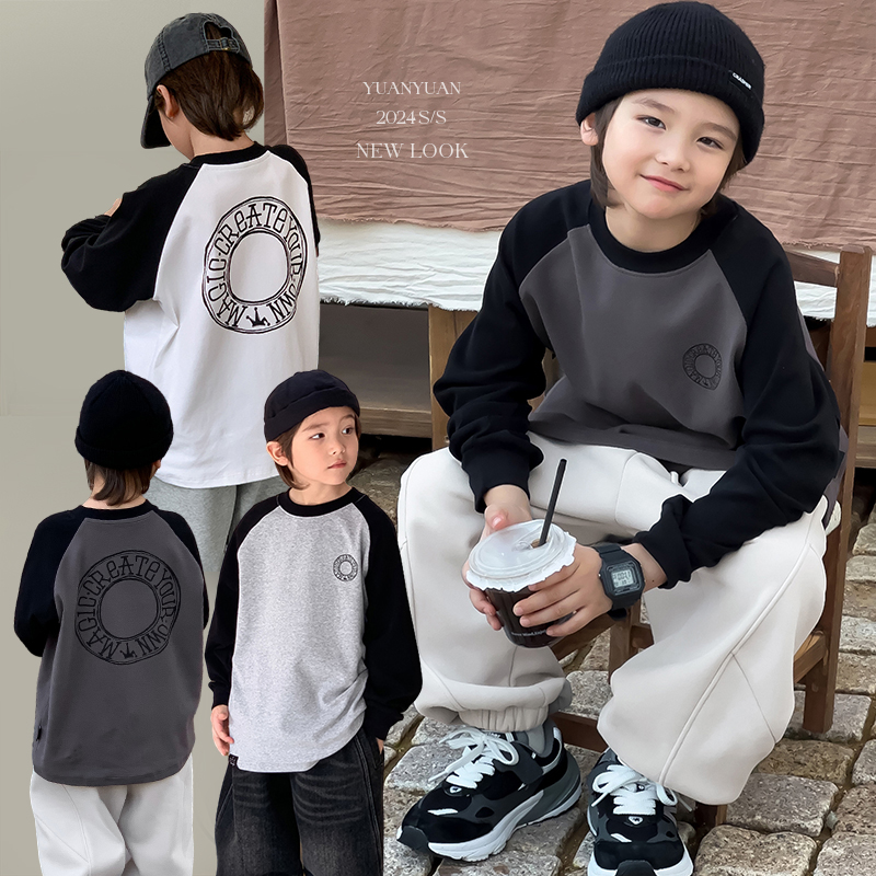 男童儿童2025春秋新款德绒打底衫t恤长袖中大童上衣潮灰色黑色