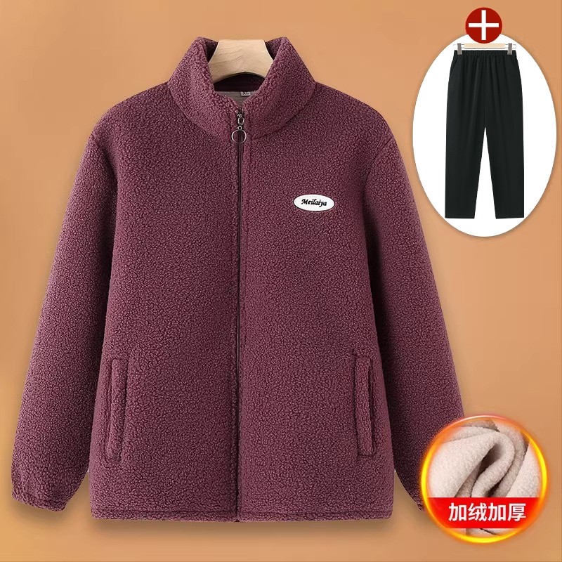 中老年人秋冬装女摇粒绒外套奶奶加绒棉衣老人妈妈春款羊羔绒卫衣