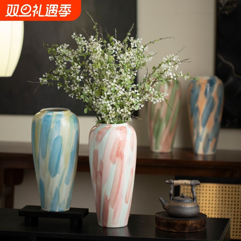 景德镇新中式陶瓷花瓶高级感装饰品彩色水培花器客厅玄关插花摆件